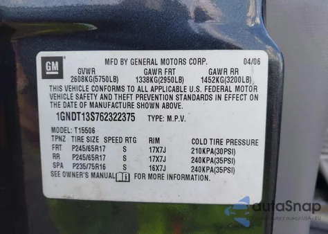 2006 Chevrolet Trailblazer Ls/Lt from USA, damaged, VIN 1GNDT13S762322375